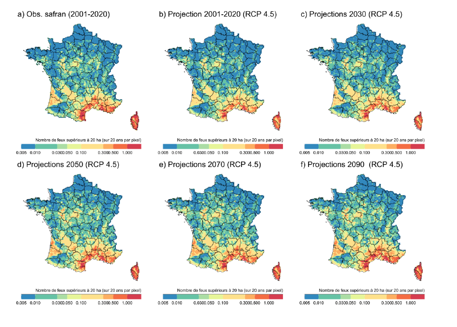 Nombres de feux > 20 ha par pixel de 8 km de côté sur 20 ans (a) pour la période historique 2001-2020 (observation SAFRAN) ; (b-f) pour les projections du RCP 4.5 à différents horizons.