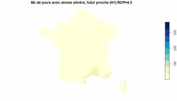 Cas du scénario climatique RCP=4.5 / Nb de jours avec stress sévère, futur proche (H1) RCP=4.5